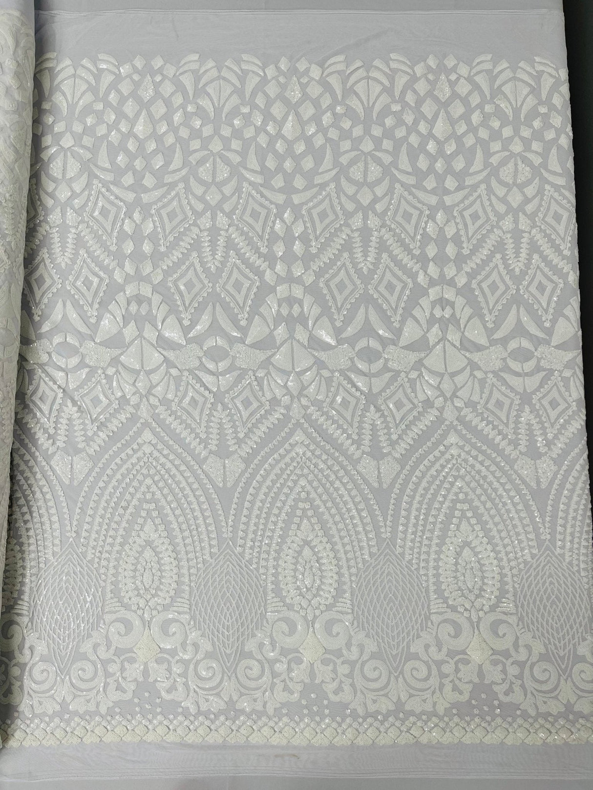 Geometric Diamond Sequin Design Power Mesh Fabric - Iridescent Geometric Diamond Pattern, 54" Width (1 Yard)