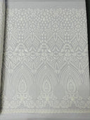 Geometric Diamond Sequin Design Power Mesh Fabric - Iridescent Geometric Diamond Pattern, 54" Width (1 Yard)