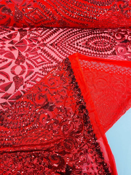 Geometric Diamond Sequin Design Power Mesh Fabric - Iridescent Geometric Diamond Pattern, 54" Width (1 Yard)