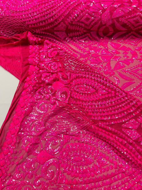Geometric Diamond Sequin Design Power Mesh Fabric - Iridescent Geometric Diamond Pattern, 54" Width (1 Yard)