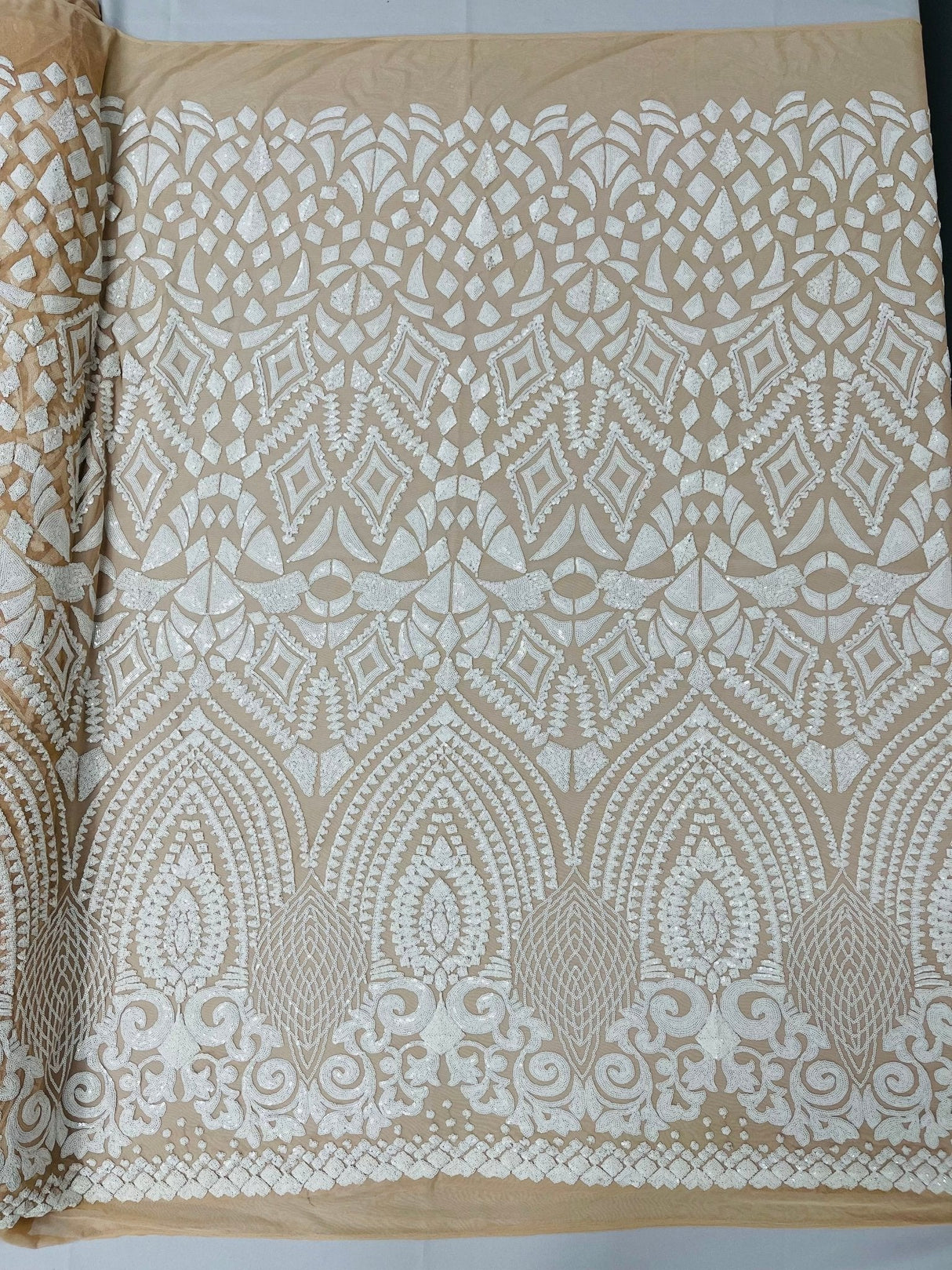 Geometric Diamond Sequin Design Power Mesh Fabric - Iridescent Geometric Diamond Pattern, 54" Width (1 Yard)