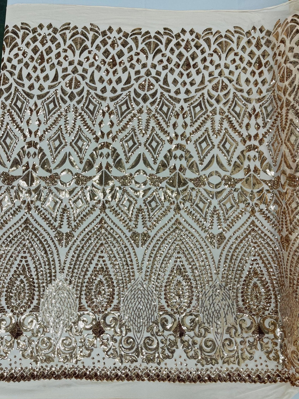 Geometric Diamond Sequin Design Power Mesh Fabric - Iridescent Geometric Diamond Pattern, 54" Width (1 Yard)