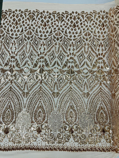 Geometric Diamond Sequin Design Power Mesh Fabric - Iridescent Geometric Diamond Pattern, 54" Width (1 Yard)