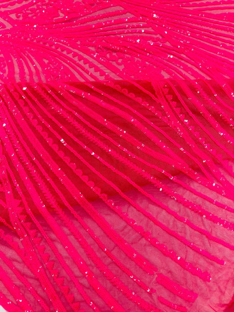 Geometric Feather Wing Polyester Fabric - 4 Way Stretch Mesh, Embroidered Sequins, 54" Width, 36" Length (1 Yard)