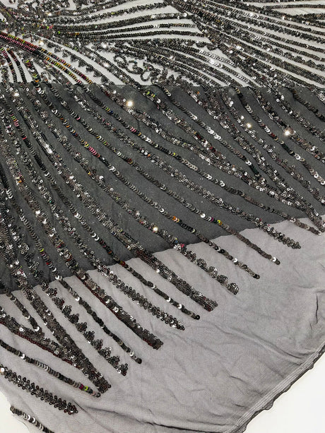 Geometric Feather Wing Polyester Fabric - 4 Way Stretch Mesh, Embroidered Sequins, 54" Width, 36" Length (1 Yard)