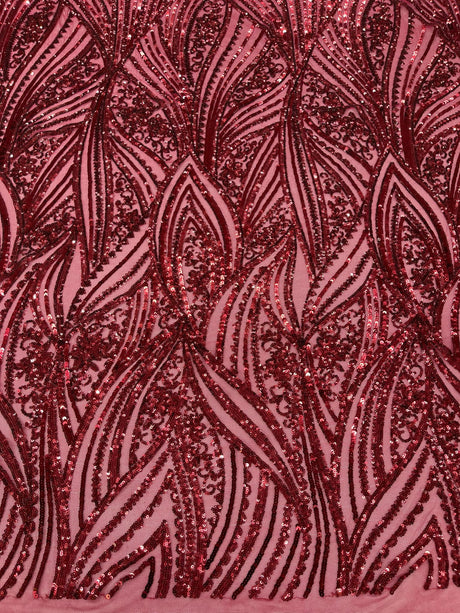 Geometric Feather Wing Polyester Fabric - 4 Way Stretch Mesh, Embroidered Sequins, 54" Width, 36" Length (1 Yard)
