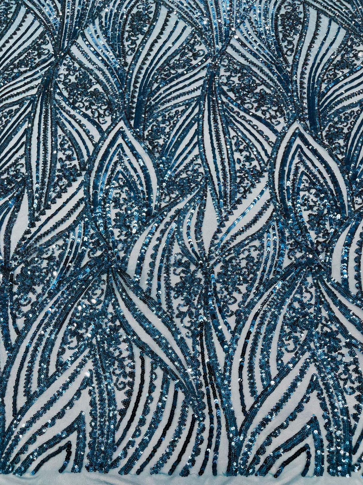 Geometric Feather Wing Polyester Fabric - 4 Way Stretch Mesh, Embroidered Sequins, 54" Width, 36" Length (1 Yard)