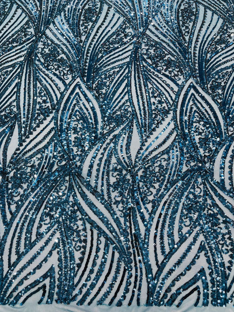 Geometric Feather Wing Polyester Fabric - 4 Way Stretch Mesh, Embroidered Sequins, 54" Width, 36" Length (1 Yard)