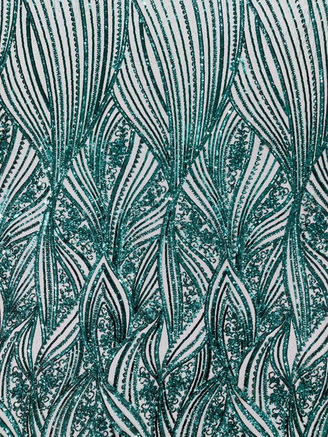 Geometric Feather Wing Polyester Fabric - 4 Way Stretch Mesh, Embroidered Sequins, 54" Width, 36" Length (1 Yard)