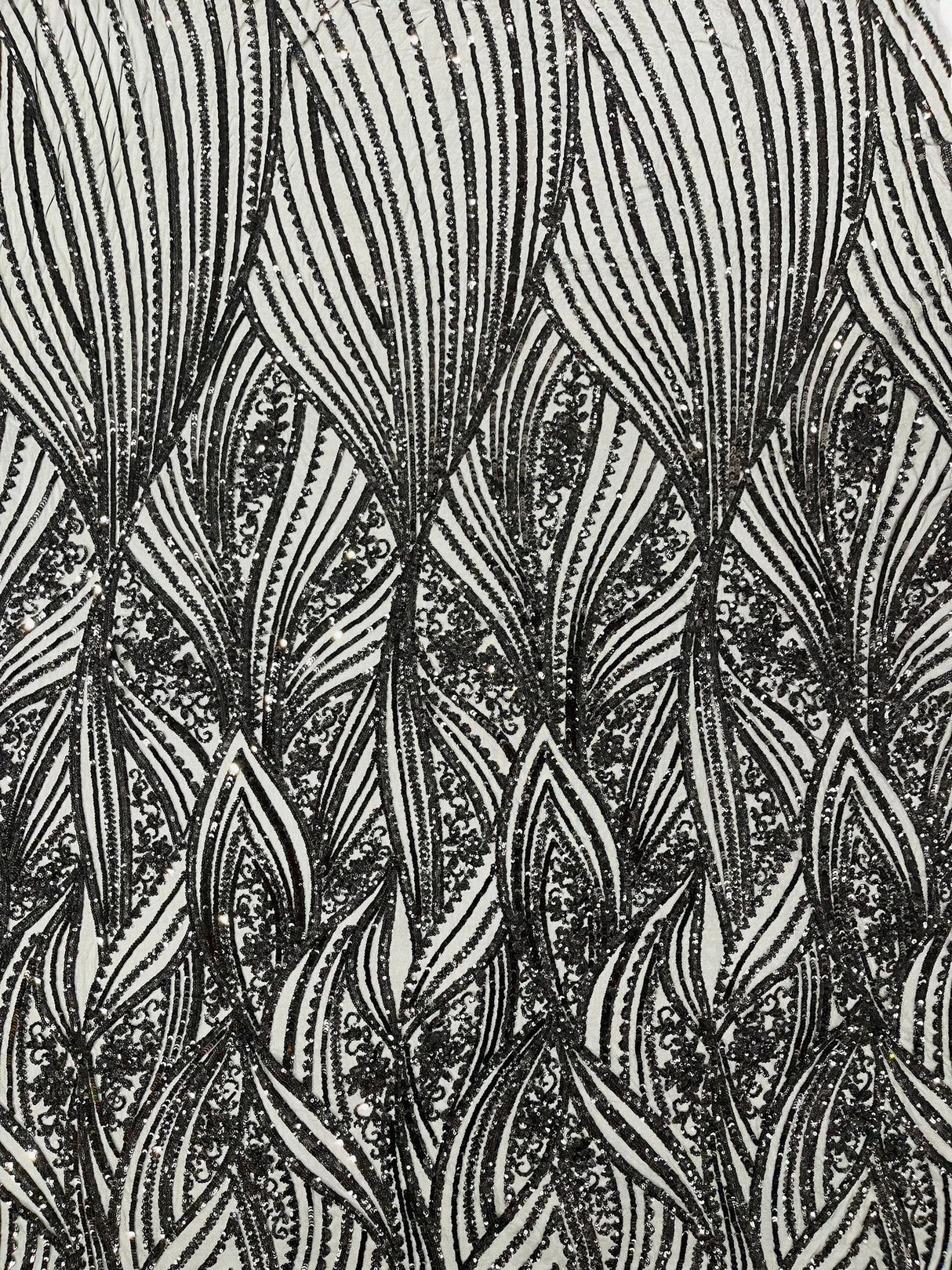 Geometric Feather Wing Polyester Fabric - 4 Way Stretch Mesh, Embroidered Sequins, 54" Width, 36" Length (1 Yard)