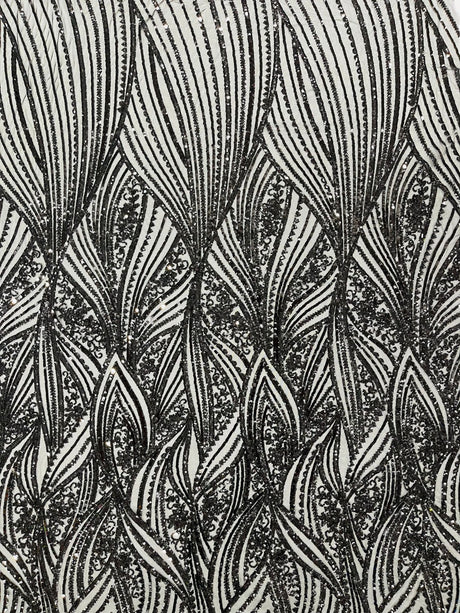 Geometric Feather Wing Polyester Fabric - 4 Way Stretch Mesh, Embroidered Sequins, 54" Width, 36" Length (1 Yard)