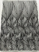 Geometric Feather Wing Polyester Fabric - 4 Way Stretch Mesh, Embroidered Sequins, 54" Width, 36" Length (1 Yard)