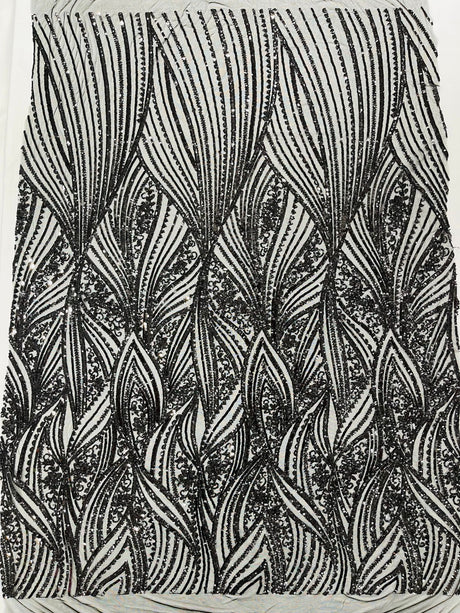 Geometric Feather Wing Polyester Fabric - 4 Way Stretch Mesh, Embroidered Sequins, 54" Width, 36" Length (1 Yard)