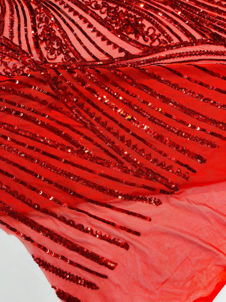 Geometric Feather Wing Polyester Fabric - 4 Way Stretch Mesh, Embroidered Sequins, 54" Width, 36" Length (1 Yard)