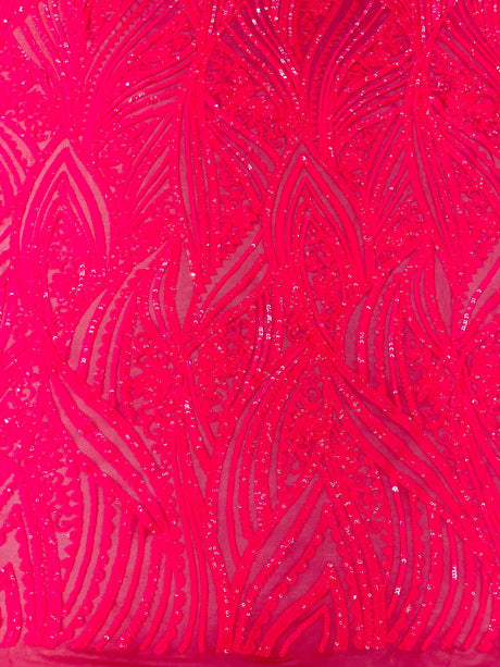 Geometric Feather Wing Polyester Fabric - 4 Way Stretch Mesh, Embroidered Sequins, 54" Width, 36" Length (1 Yard)