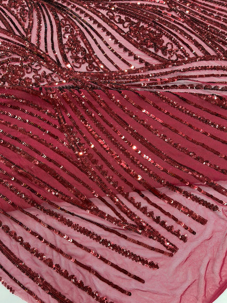 Geometric Feather Wing Polyester Fabric - 4 Way Stretch Mesh, Embroidered Sequins, 54" Width, 36" Length (1 Yard)