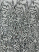 Geometric Feather Wing Polyester Fabric - 4 Way Stretch Mesh, Embroidered Sequins, 54" Width, 36" Length (1 Yard)