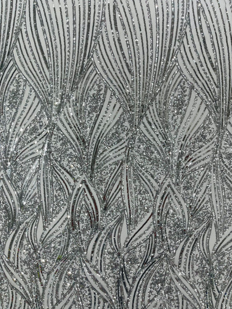 Geometric Feather Wing Polyester Fabric - 4 Way Stretch Mesh, Embroidered Sequins, 54" Width, 36" Length (1 Yard)