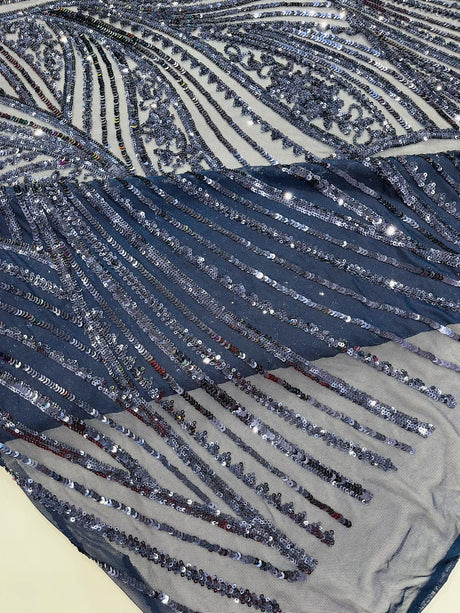 Geometric Feather Wing Polyester Fabric - 4 Way Stretch Mesh, Embroidered Sequins, 54" Width, 36" Length (1 Yard)