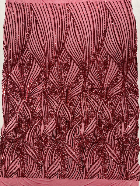 Geometric Feather Wing Polyester Fabric - 4 Way Stretch Mesh, Embroidered Sequins, 54" Width, 36" Length (1 Yard)