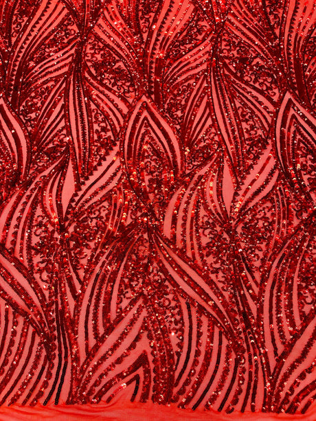 Geometric Feather Wing Polyester Fabric - 4 Way Stretch Mesh, Embroidered Sequins, 54" Width, 36" Length (1 Yard)