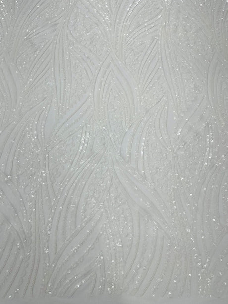 Geometric Feather Wing Polyester Fabric - 4 Way Stretch Mesh, Embroidered Sequins, 54" Width, 36" Length (1 Yard)