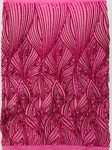 Geometric Feather Wing Polyester Fabric - 4 Way Stretch Mesh, Embroidered Sequins, 54" Width, 36" Length (1 Yard)