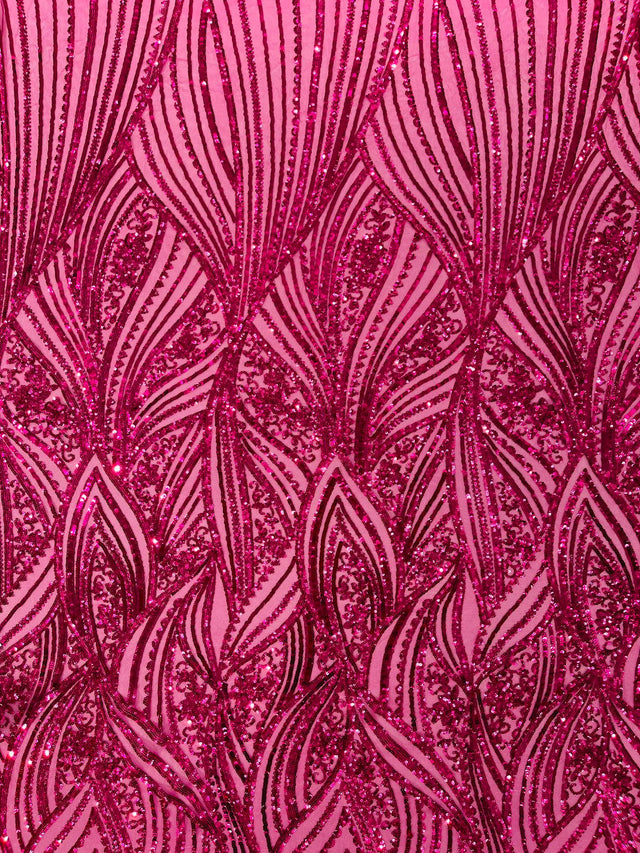 Geometric Feather Wing Polyester Fabric - 4 Way Stretch Mesh, Embroidered Sequins, 54" Width, 36" Length (1 Yard)