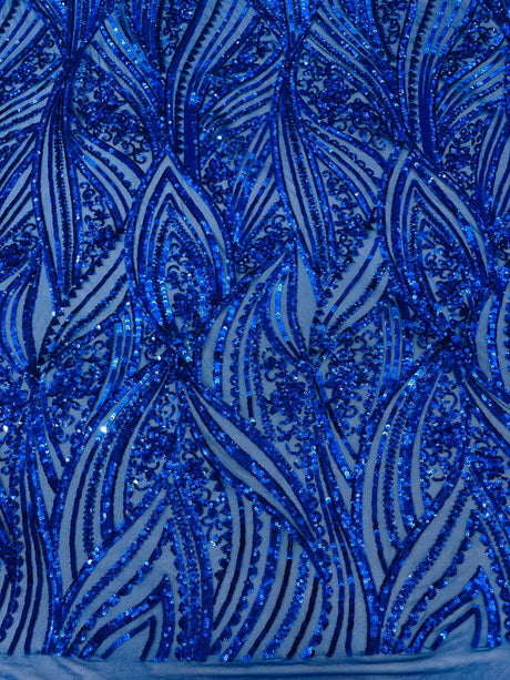 Geometric Feather Wing Polyester Fabric - 4 Way Stretch Mesh, Embroidered Sequins, 54" Width, 36" Length (1 Yard)