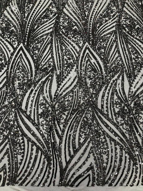 Geometric Feather Wing Polyester Fabric - 4 Way Stretch Mesh, Embroidered Sequins, 54" Width, 36" Length (1 Yard)