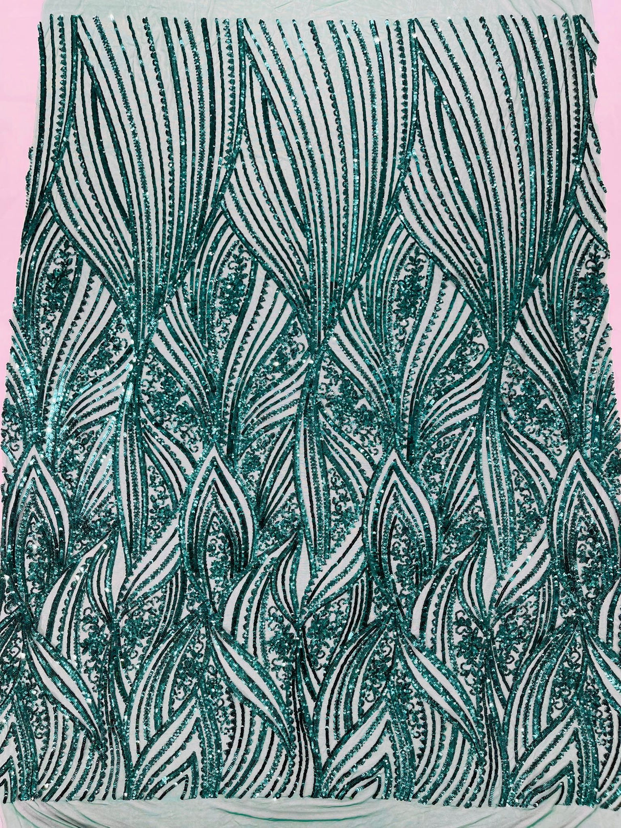 Geometric Feather Wing Polyester Fabric - 4 Way Stretch Mesh, Embroidered Sequins, 54" Width, 36" Length (1 Yard)