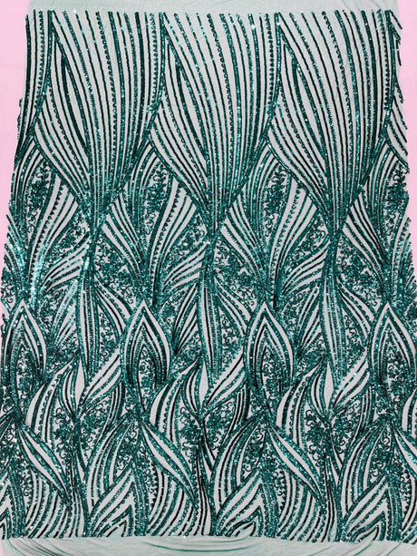Geometric Feather Wing Polyester Fabric - 4 Way Stretch Mesh, Embroidered Sequins, 54" Width, 36" Length (1 Yard)