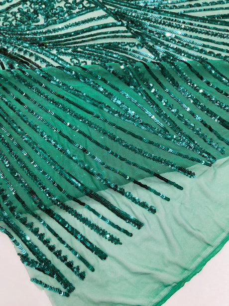 Geometric Feather Wing Polyester Fabric - 4 Way Stretch Mesh, Embroidered Sequins, 54" Width, 36" Length (1 Yard)