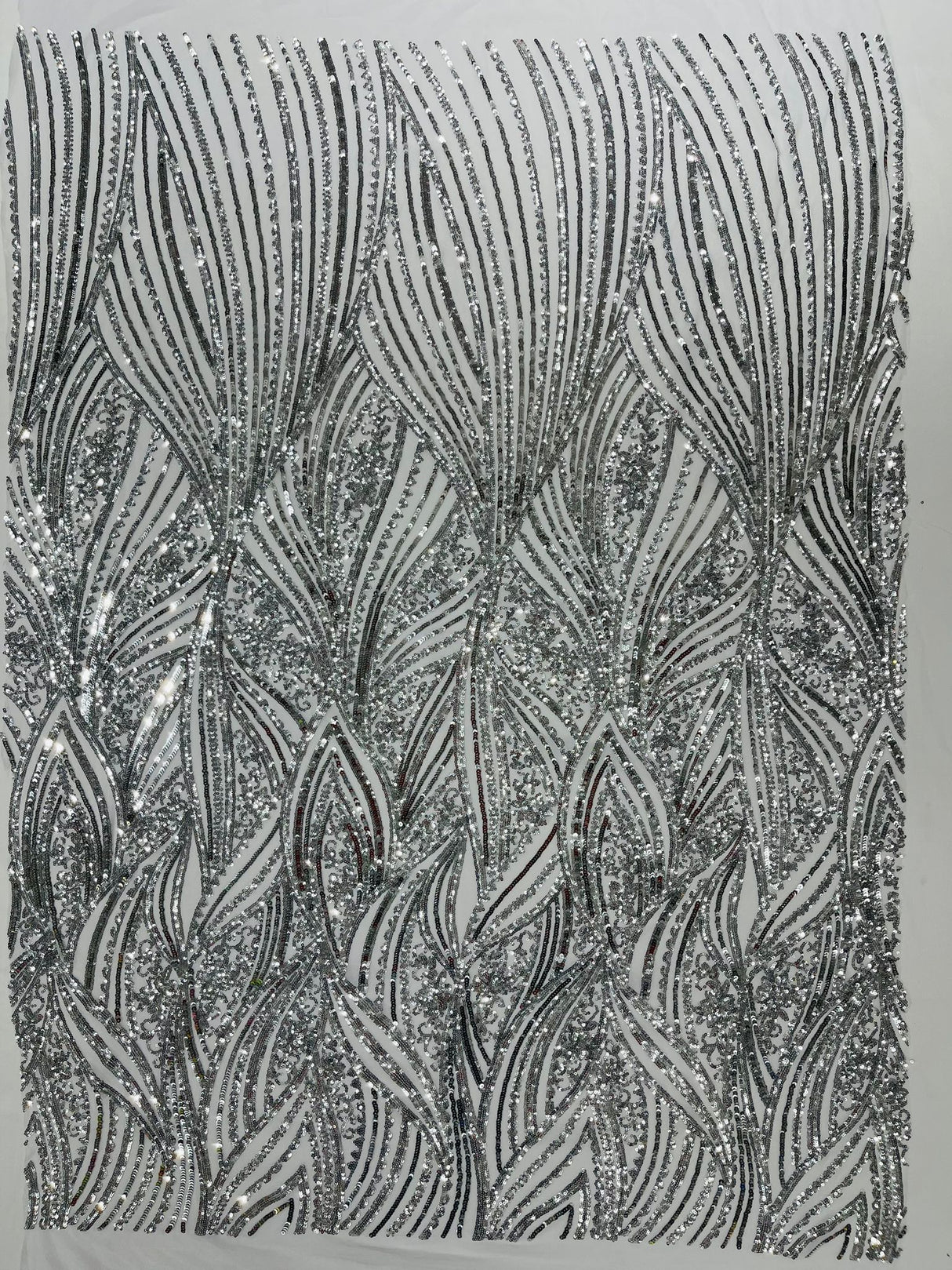 Geometric Feather Wing Polyester Fabric - 4 Way Stretch Mesh, Embroidered Sequins, 54" Width, 36" Length (1 Yard)