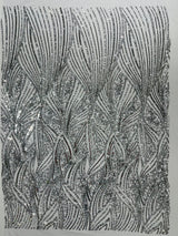 Geometric Feather Wing Polyester Fabric - 4 Way Stretch Mesh, Embroidered Sequins, 54" Width, 36" Length (1 Yard)