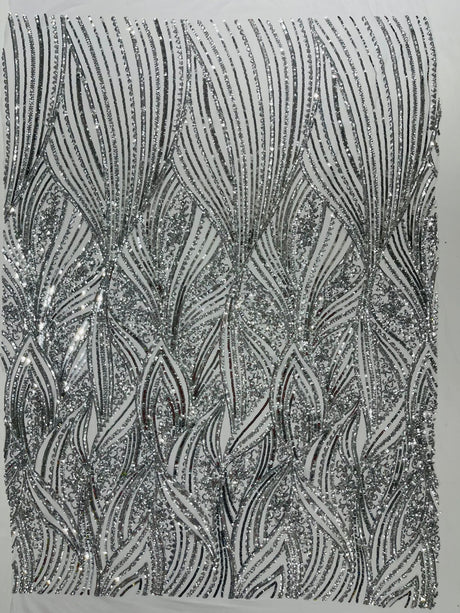 Geometric Feather Wing Polyester Fabric - 4 Way Stretch Mesh, Embroidered Sequins, 54" Width, 36" Length (1 Yard)