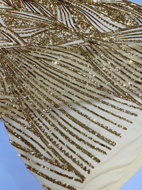 Geometric Feather Wing Polyester Fabric - 4 Way Stretch Mesh, Embroidered Sequins, 54" Width, 36" Length (1 Yard)