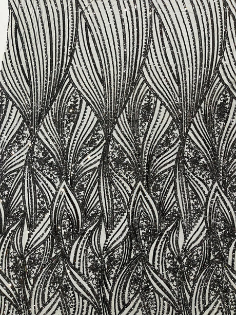 Geometric Feather Wing Polyester Fabric - 4 Way Stretch Mesh, Embroidered Sequins, 54" Width, 36" Length (1 Yard)