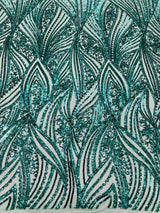 Geometric Feather Wing Polyester Fabric - 4 Way Stretch Mesh, Embroidered Sequins, 54" Width, 36" Length (1 Yard)