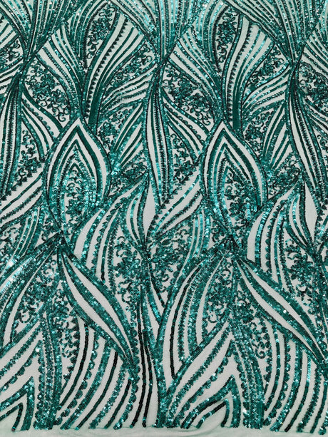 Geometric Feather Wing Polyester Fabric - 4 Way Stretch Mesh, Embroidered Sequins, 54" Width, 36" Length (1 Yard)