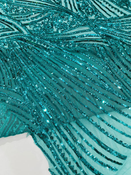 Geometric Feather Wing Polyester Fabric - 4 Way Stretch Mesh, Embroidered Sequins, 54" Width, 36" Length (1 Yard)