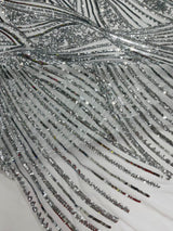 Geometric Feather Wing Polyester Fabric - 4 Way Stretch Mesh, Embroidered Sequins, 54" Width, 36" Length (1 Yard)
