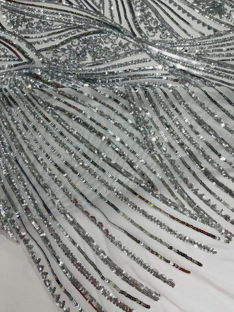 Geometric Feather Wing Polyester Fabric - 4 Way Stretch Mesh, Embroidered Sequins, 54" Width, 36" Length (1 Yard)
