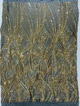 Geometric Feather Wing Polyester Fabric - 4 Way Stretch Mesh, Embroidered Sequins, 54" Width, 36" Length (1 Yard)