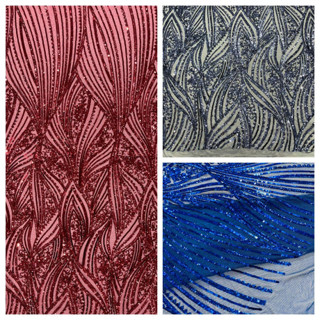 Geometric Feather Wing Polyester Fabric - 4 Way Stretch Mesh, Embroidered Sequins, 54" Width, 36" Length (1 Yard)
