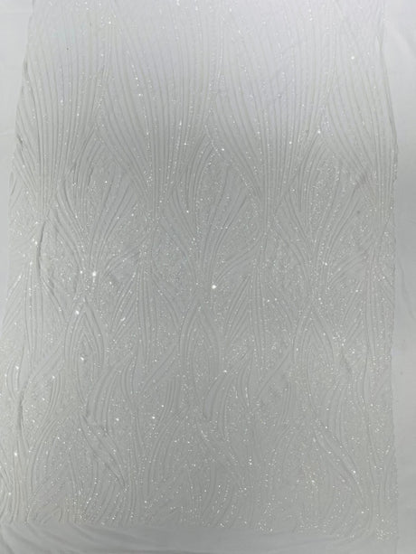 Geometric Feather Wing Polyester Fabric - 4 Way Stretch Mesh, Embroidered Sequins, 54" Width, 36" Length (1 Yard)