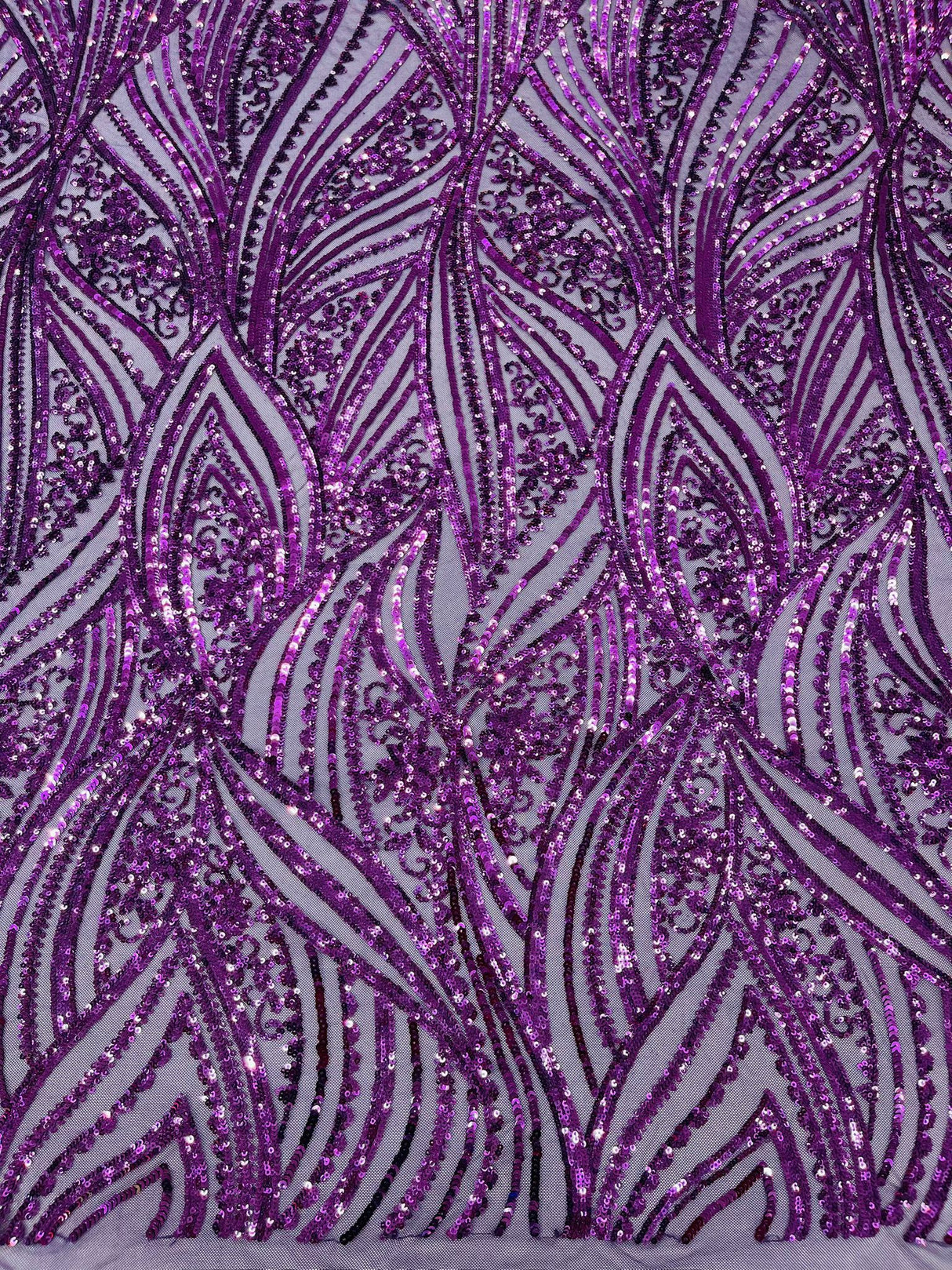 Geometric Feather Wing Polyester Fabric - 4 Way Stretch Mesh, Embroidered Sequins, 54" Width, 36" Length (1 Yard)