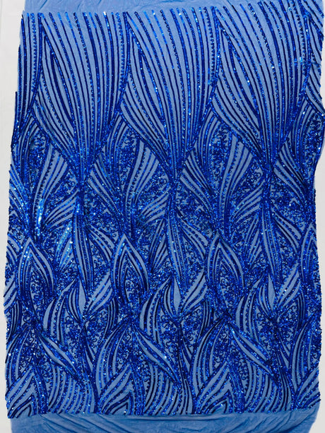 Geometric Feather Wing Polyester Fabric - 4 Way Stretch Mesh, Embroidered Sequins, 54" Width, 36" Length (1 Yard)