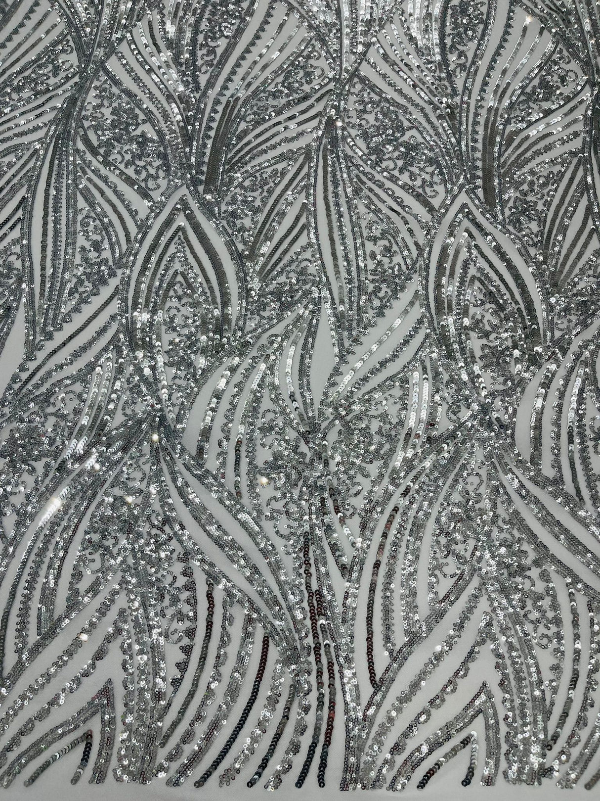 Geometric Feather Wing Polyester Fabric - 4 Way Stretch Mesh, Embroidered Sequins, 54" Width, 36" Length (1 Yard)