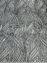 Geometric Feather Wing Polyester Fabric - 4 Way Stretch Mesh, Embroidered Sequins, 54" Width, 36" Length (1 Yard)